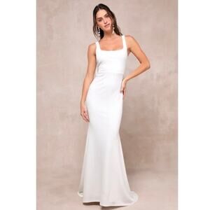 NWT Lulus Loving Fate White Bow Square Neck Backless Maxi‎ Dress Size M